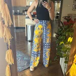 AKIRA Yellow and Blue Floral Wide Leg Pants